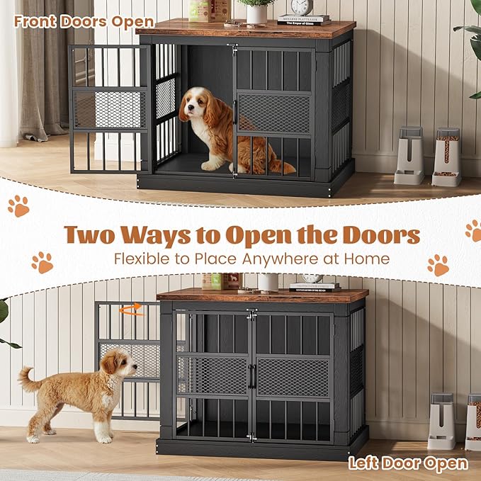 VOPEAK 27.5" Dog Crate Furniture, Chew Resistant Dog Crate for Small Dogs Puppy, Heavy Duty Dog Crates Dog Kennel Cage Indoor with Double Doors, Wooden End Table for Bedroom Living Room, Black