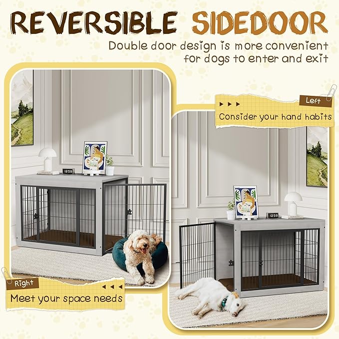 Bigrab Dog Crate Furinture with Thick Cushion, Side End Table Wooden Dog Cage with Double Doors, Chew-Resistant Dog Kennel Dog House Indoor for Small to Large Dog, L (Grey)