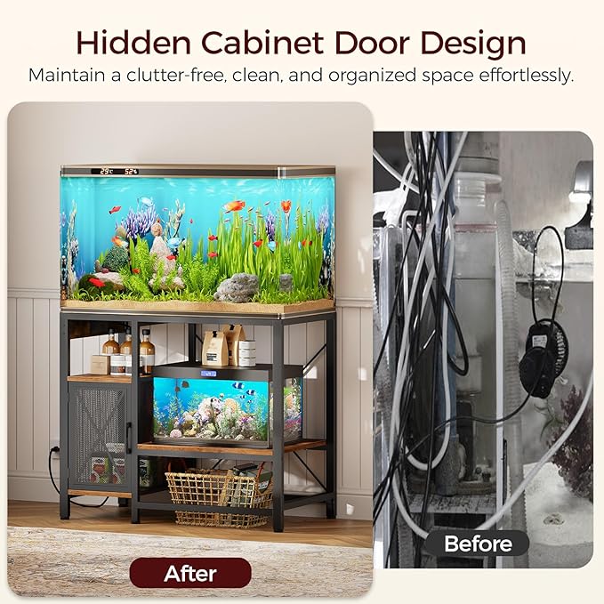 40-50 Gallon Fish Tank Stand, Aquarium Stand with Power Outlet and Storage Cabinet, Heavy Duty Tank Stand Suitable for Turtle Tank, Reptile Terrarium, for Home Office, Rustic Brown FTHR50E01