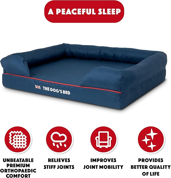 The Dog’s Bed Orthopedic Dog Bed Large Blue Oxford with Red Trim UK Flag Dog Bed 36x27 Memory Foam, Pain Relief: Arthritis, Post Surgery, Lameness, Veterinary Approved, Waterproof Washable Cover