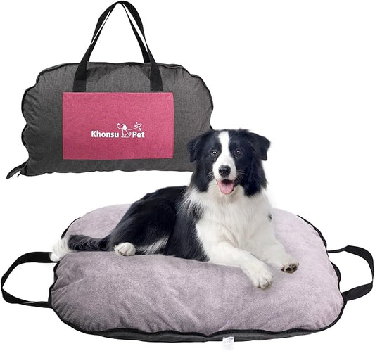 Portable Waterproof Dog Mat for Camping, Patio & Travel - Foldable Outdoor Dog Bed with Teflon Shell & Removable Plush Pad - Easy Clean, Durable - L (Hemp Grey)