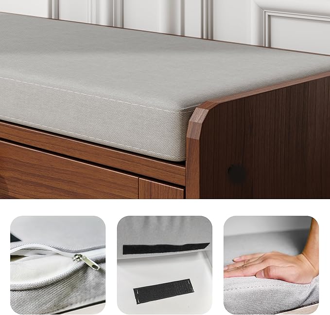 MHOM Brown Modern Entryway Bench with 2 Flip Drawers, Entryway Shoe Bench with Padded Seat Cushion, Wooden Storage Bench for Bedroom and Apartment
