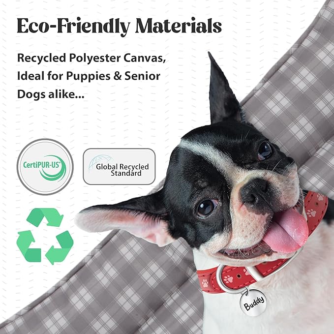 Orthopedic Bolster Dog Bed – CertiPUR-US Foam, Recycled Polyester Canvas, Washable Cover, Anti-Slip Bottom, Small, Grey Plaid – Stylish Designer Dog Sofa