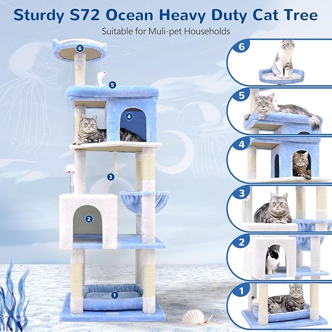 Globlazer Heavy Duty Cat Trees for Large Cats, Sturdy 72in Maine Coon Cat Tree for Large Cats 20 lbs+ Heavy Duty Cat Tower for Adult Biggest Cat with 6 Scratching Posts, Hammock, S72, Ocean Blue