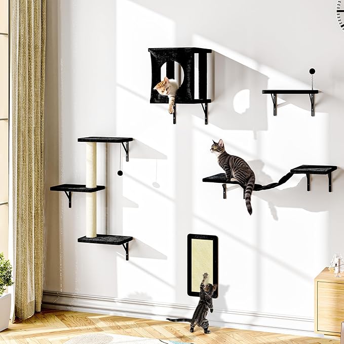NUNU LAB Wall Mounted Cat Furniture, 5 Pcs Cat Wall Shelves with House, Bridge, Steps, Scratching Post, Shelves, Indoor Safe & Stable Furniture for Kittens Play, Black