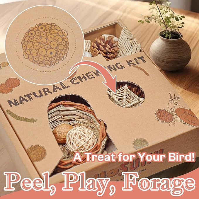 Natural Bird Foraging & Shredding Toys Box - Handmade Rattan Chewing Toys for Parakeets, Cockatiels, Conures, Lovebirds & Small to Medium Birds