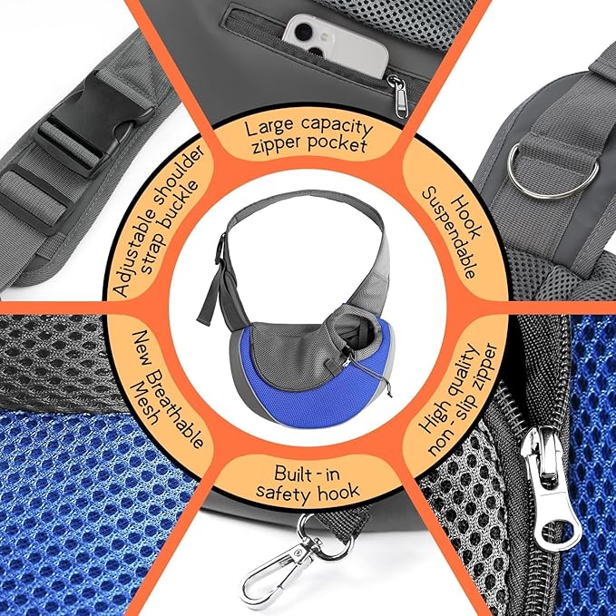 YUDODO Pet Sling Carrier for Small Dogs & Cats – Hands-Free Puppy Carrier with Safety Hook, Large Zipper Pocket, Soft Breathable Mesh, Adjustable Strap & Reflective Strip (Blue 1.0 S)
