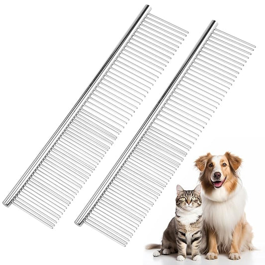 2Pcs Stainless Steel Dog Comb, Round Tooth Cat Comb with 2 Tooth Widths, Metal Combs for Removing Knots and Tangles, Grooming Tool for Long and Short Hair Pets, 7.5 IN Silver