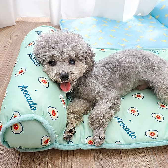 PUMYPOREITY Cooling Dog Bed, Pet Cooling Mat with Pillow, Ice Silk Cooling Dog Blanket, Self Cooling Pad for Cat,Dog, Washable Summer Pet Mat for Kennel, Crates, Sofa, Floor, Blue, L