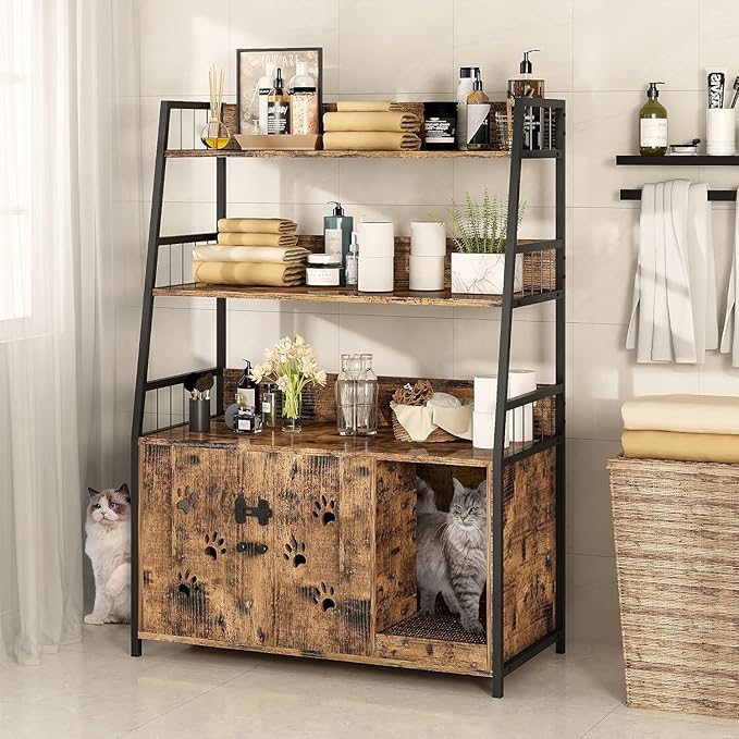 Recaceik Large Cat Litter Box Enclosure with Shelf Storage, Hidden Cat Washroom Furniture, Wooden Cat House with Scratch Pad, Sturdy Indoor Cat Cabinet with 2 Doors, Rustic Brown