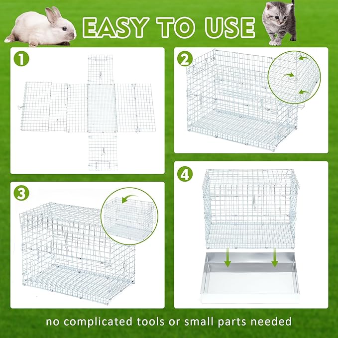 Folding Rabbit Cage, 18 x 10 x 14 in Portable Bunny Carrier with Tray and Handles for Transport, Travel or Temporary Housing, Indoor Outdoor Pet Habitat Animal Enclosure
