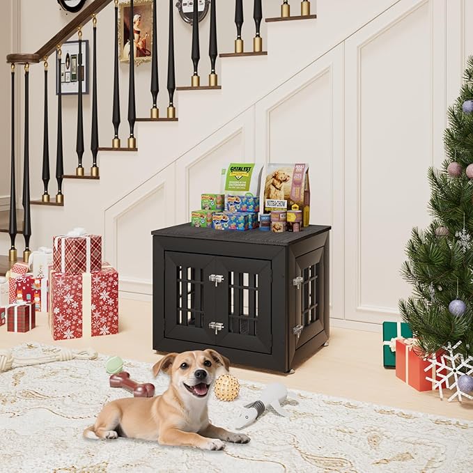 26" Heavy Duty Dog Crate Furniture for Small,Medium and Large Dogs,Rustic Wooden Dog Cage Kennel Indoor Furniture with Waterproof Top,Decorative Pet House Side End Table (Black & Grey)