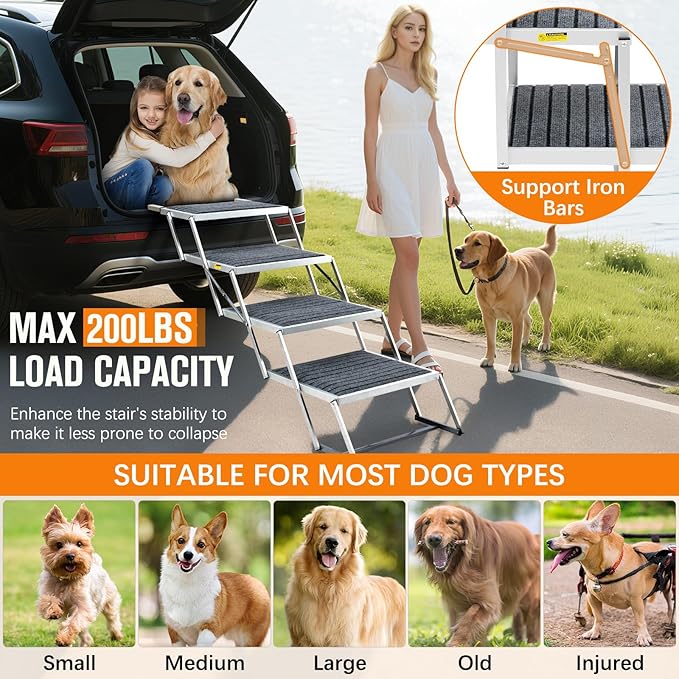 20" Extra Wide Dog Ramp, 4-Step Foldable Pet Stairs with Non-Slip Carpet - Lightweight Aluminum for SUV/Truck/Car & High Beds - Supports Large Dogs up to 200Lbs