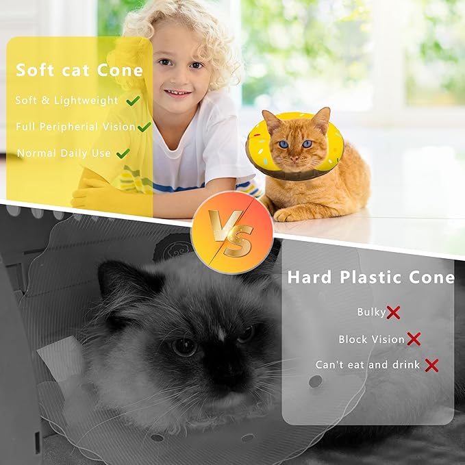 Cat Cone Collar Soft, Adjustable Cat Recovery Collar Kitten Cones to Stop Licking, Cute Donut E Collar After Surgery, Cats Neck Pillow Cone Elizabethan Cones of Shame (Waterproof Yellow, Large)