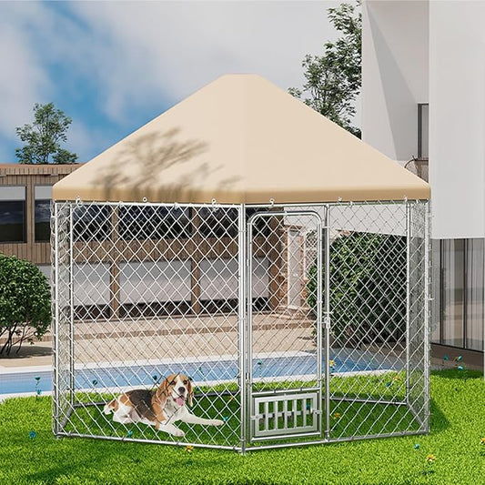 Outdoor Dog Kennel with Cover, Large Dog Run Fence House Big Cage Pen Enclosure, Heavy Duty Dogs Play Cage Pen Kennel (110" L x 95" W x 92.8" H)