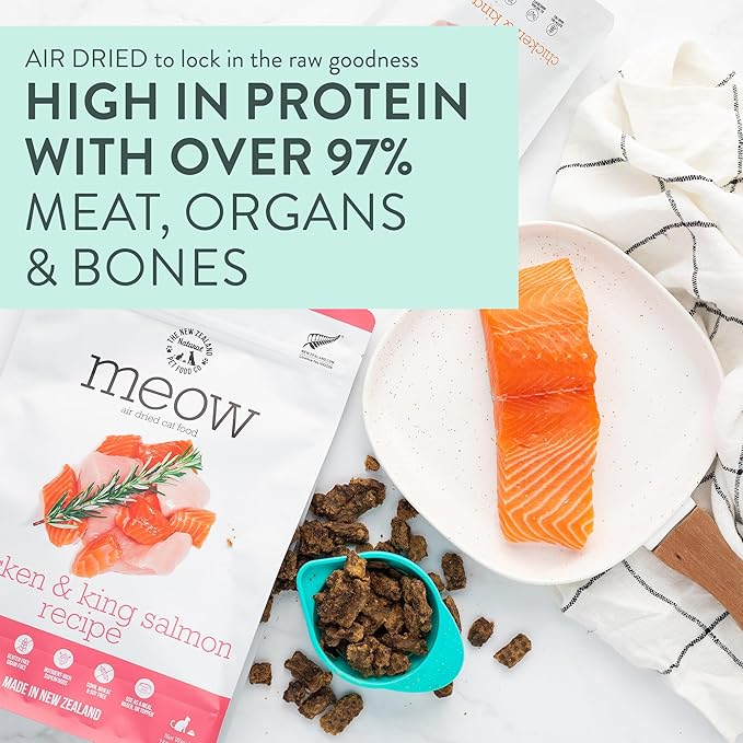 Meow Air Dried Cat Food - Chicken & King Salmon Recipe, Dry Cat Food, High Protein Meals, Treats & Toppers,26.5 oz
