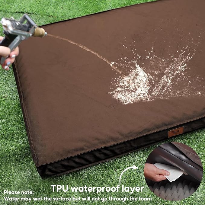 Outdoor Waterproof Dog Bed, Large Dog Bed for Large Size Dogs, Orthopedic Egg Foam Pet Bed with Washable and Removable Oxford Cover, Brown