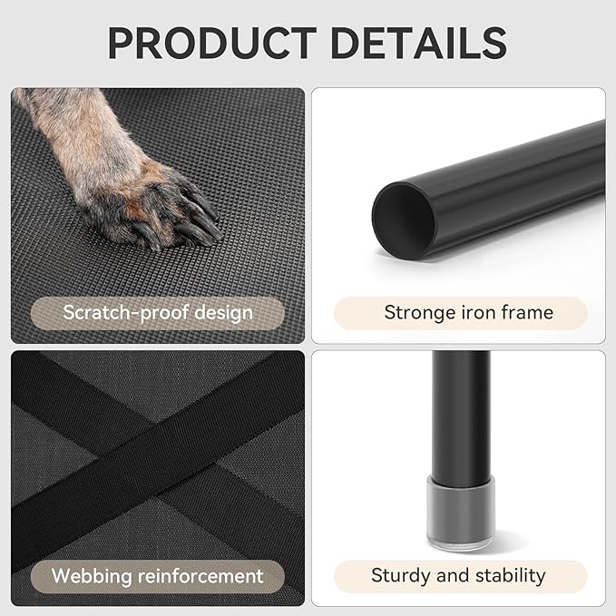 Petsfit Elevated Raised Outdoor Dog Bed - Cooling Elevated Dog Cot, Upgraded Adjustable Firmness Pet Bed，Pet Hammock Bed with Chew Proof Breathable Teslin Mesh，Non Slip, Black 42”