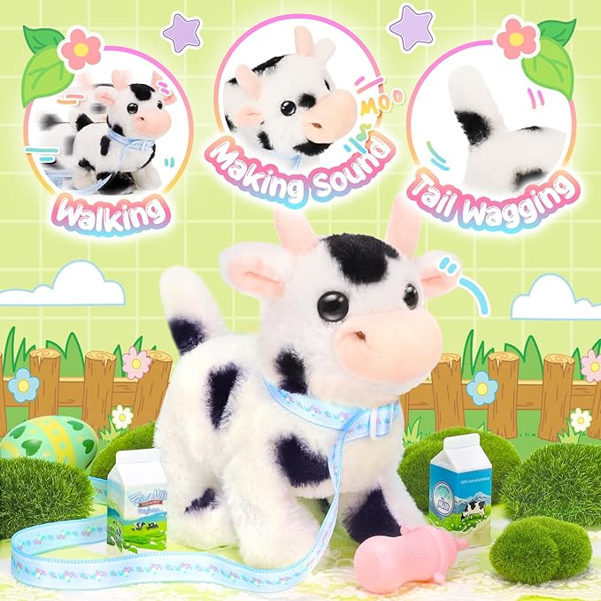Tagitary Plush Toys Interactive Toys Cow for Kids,Walking Pet Toys Can Make Sounds,Wag Tail and Nod Head, Realistic Stuffed Cattle Toys Birthday Gift for Kids Toddlers