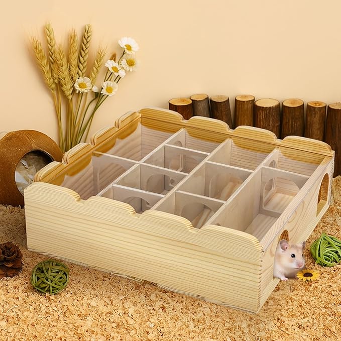 ZENFUN Wooden Hamster Maze with Clear Acrylic Cover, Multi-Chamber Hamsters Hide Tunnel Cage, Hideout Tunnel Toy Shed and Explore Toy for Dwarf Hamsters Mice Small Gerbil（Free-Installation）