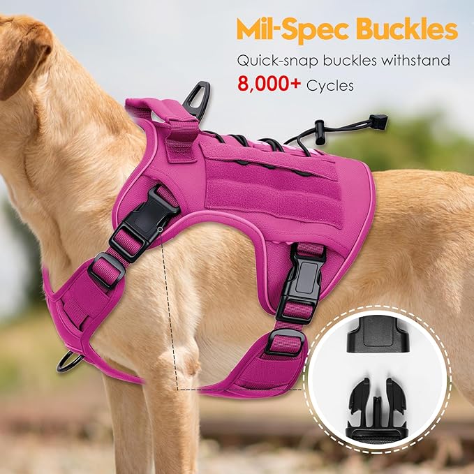 Heavy-Duty Tactical Dog Harness for Large Dogs, No Pull Adjustable Reflective Pet Vest with Molle System, K9 Military-Grade Control for Service Training, Outdoor & 10+ Breeds, Pink, X-Large