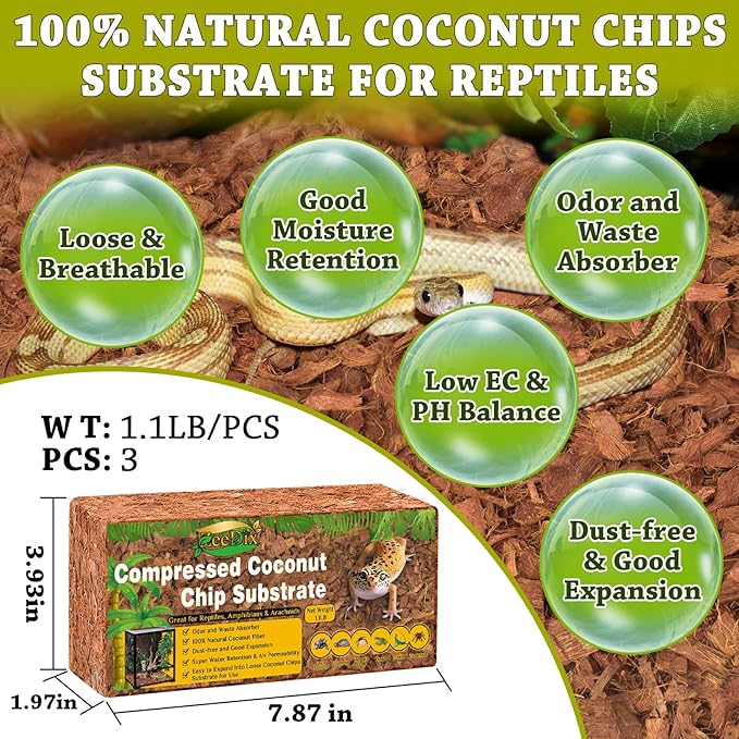 ZeeDix 3PCS Natural Coconut Chips Substrate for Reptiles, Coconut Fiber Husk Reptiles Bedding, Compressed Coco Chips Substrate for Ball Python, Snakes, Tortoise, Hermit Crab, Frogs, Lizard, Tarantula