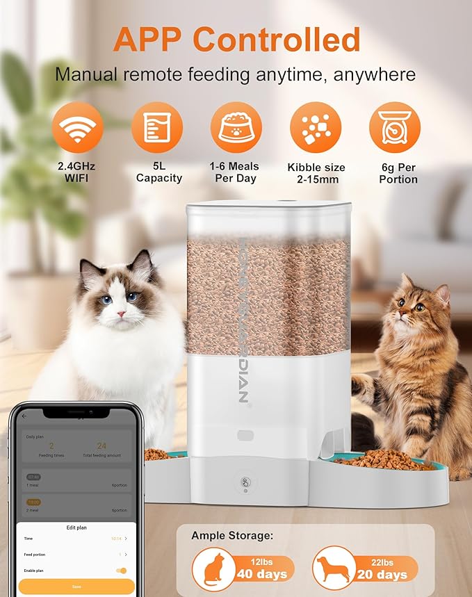HoneyGuaridan 5L Automatic Cat Feeder for Two Cats, 2.4G WiFi Enabled Smart Feed Pet Feeder with Slow Feeder Bowl,APP Control Dispenser, Dual Power Supply,Desiccant Bag,10s Meal Call White