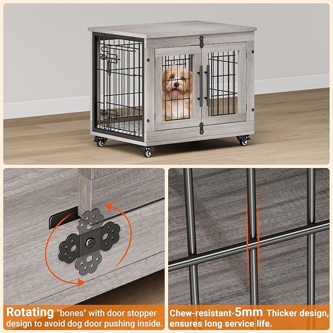 Lulive Small Dog Crate Furniture, Dog Kennel Indoor Double Doors Wooden Dog Cage, 27.1'' Heavy Duty Dog Crate with Cushion & Wheels, Decorative End Table Pet House Chew-Resistant for Small Dogs, Grey
