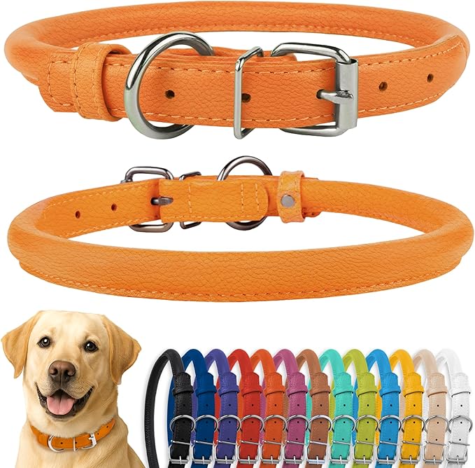 CollarDirect Rolled Leather Dog Collar, Soft Padded Round Puppy Collar, Handmade Genuine Leather Collar Dog Small Large Cat Collars 13 Colors (18-22 Inch, Orange Textured)