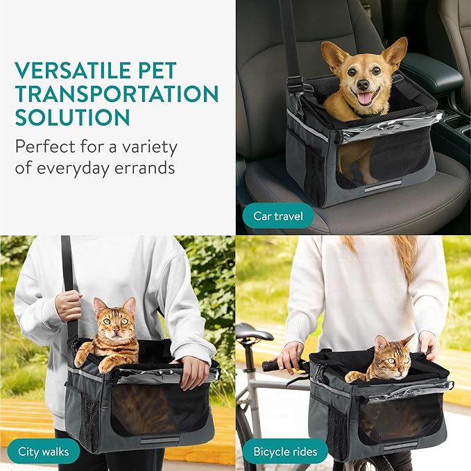 Navaris Pet Carrier for Bikes - Bike Basket Dog Carrier - Ideal Carriers for Small to Medium Dogs Up to 10kg (22lbs) - Drawstring Bag with Secure Locks and Strap - Grey