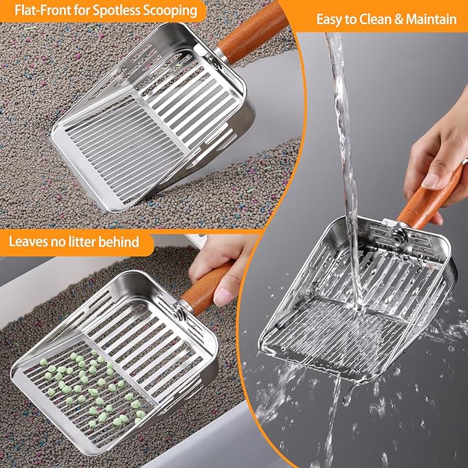 304 Stainless Steel Cat Litter Scoop, One-Piece Pressed Design with No Weld Spots, Durable Anti-Break Handle, Dual Slot Sizes, Easy to Clean, Filters Small Litter Clumps Litter Scoop