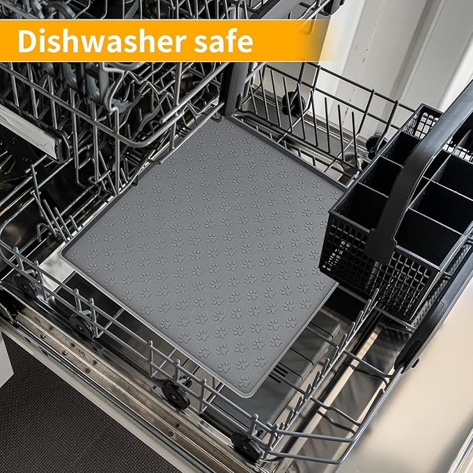 Ptlom Grey Pet Placemat for Dog and Cat, Waterproof Non-Slip Silicone Feeding Bowl Mat Prevent Food and Water Overflow, Puppy Dish Feeder Fountain Trays Suitable for Medium and Small Pets