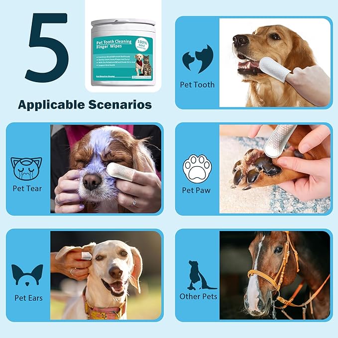 Teeth Cleaning Wipes for Pets 50Pcs ，Dog & Cat Teeth Cleaning Wipes，Pet Teeth Cleaning Finger Mitt Dental Wipe，Pet Teeth Cleaning Finger Wipes，Natural Formula Finger Grooming Wipe for Pets