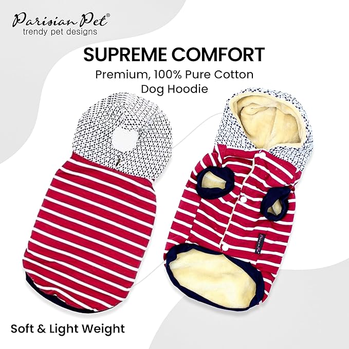 Parisian Pet Basic Dog Hoodie - Lightweight Red Striped Pom Pom Hoodie Sweatshirt - Pullover for Large Dogs with Leash Hole and Pockets - 3XL