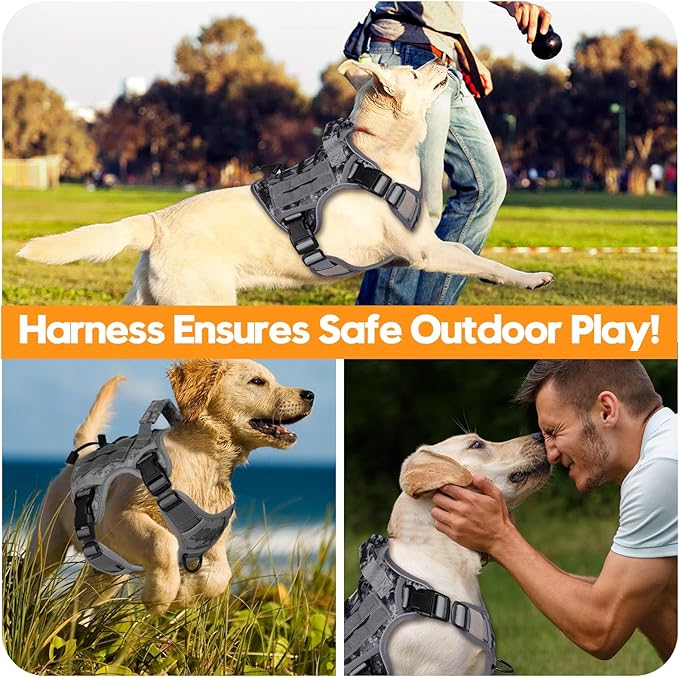 Heavy-Duty Tactical Dog Harness for Large Dogs, No Pull Adjustable Reflective Pet Vest with Molle System, K9 Military-Grade Control for Service Training, Outdoor & 10+ Breeds, Gray Camo, Medium