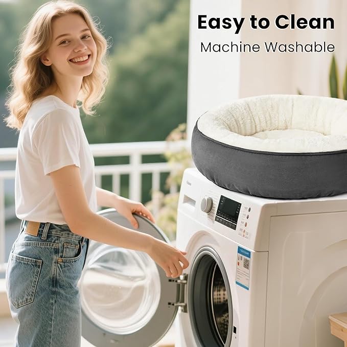 Love's cabin Round Donut Cat and Dog Cushion Bed, 20in Pet Bed for Cats or Small Dogs, Anti-Slip & Water-Resistant Bottom, Super Soft Durable Fabric Pet beds, Washable Luxury Cat & Dog Bed Dark Grey