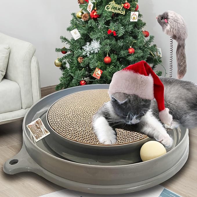 AUOON Cat Scratcher Toy - Cat Scratch Pad with Cat Toy Ball Track and Plush Mouse Toy for Indoor Cats and Kittens (Gray)