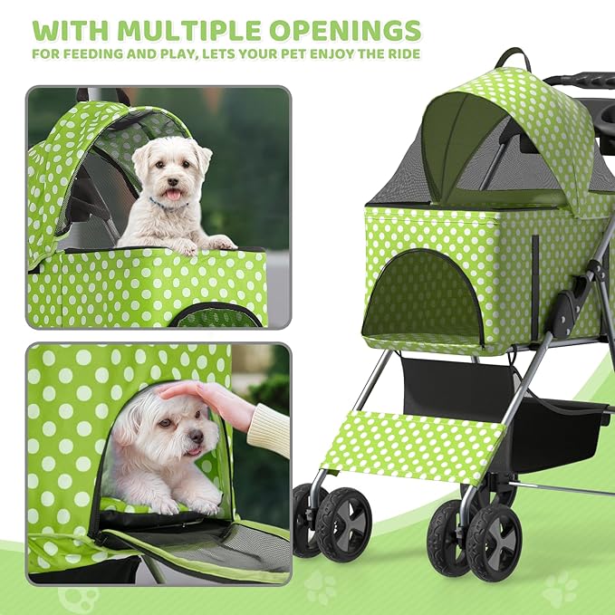 Magshion Foldable Pet Stroller, 3-in-1 Dog Travel Jogger with Detachable Carrier, Cup Holder, Storage Basket, Folding Carrier for Small/Medium Dogs & Cats Up to 33 lbs, Lawn Green Polka Dots