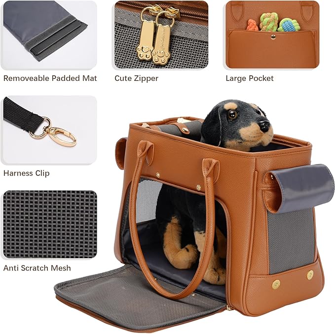 Fashion Pet Carrier Purse for Small Cat and Dog, Luxury Pu Soft-Sided Tote Bag with Large Pockets for Dogs and Puppies (Brown, 15.8" L x 7.5" W x 11.8" H)