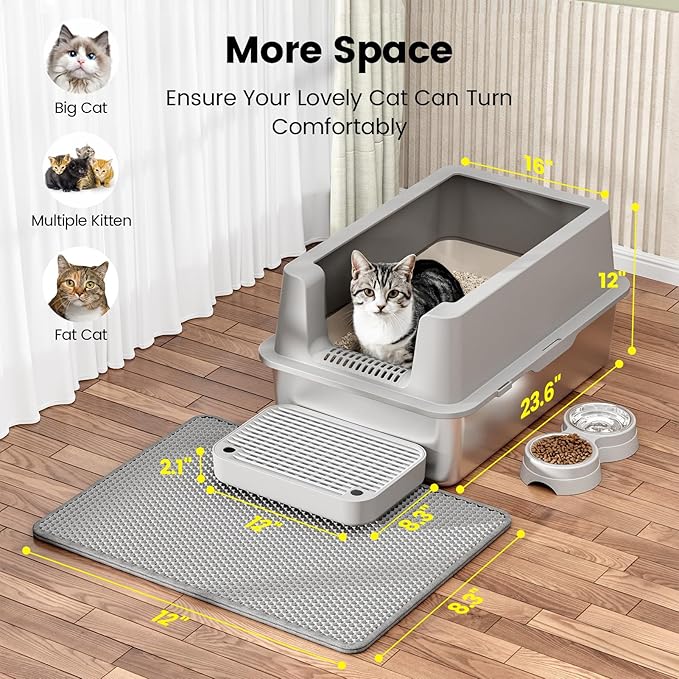 Stainless Steel Cat Litter Box - Enclosed XL Metal Kitty Litter Box with Lid for Big Cats, High Sided, Anti-Leakage, Easy Cleaning, Non-Sticky, Included Litter Mat, Cat Bowl & Spoon