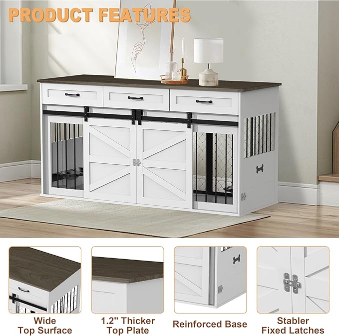 RQZ 65" Double Dog Crate Furniture for 2 Dogs Heavy Duty Wood Dog Cage Table with 3 Storage Drawers and 4 Stainless Steel Bowls Dog Kennel Indoor for Medium Large Dogs
