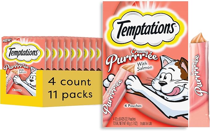 Temptations Creamy Puree Squeezable Lickable Wet Cat Treats with Salmon, 0.42 oz. Tubes, 4 Count, Pack of 11 (44 Total)