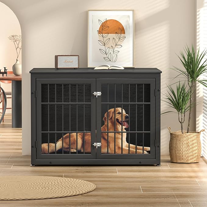 42" Heavy Duty Dog Crate Furniture for Large and Medium Dogs, Enclosed Design Wooden Metal Kennel, Wooden Cage Furniture Indoor, Decorative Dog Kennel End Table