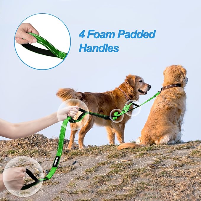 PetBonus Double Dog Leash, No Tangle Dual Leash, Reflective Walking Training Lead, 4 Comfortable Padded Handles for 2 Dogs with Collapsible Bowl and Waste Bags (Grass Green, Large)