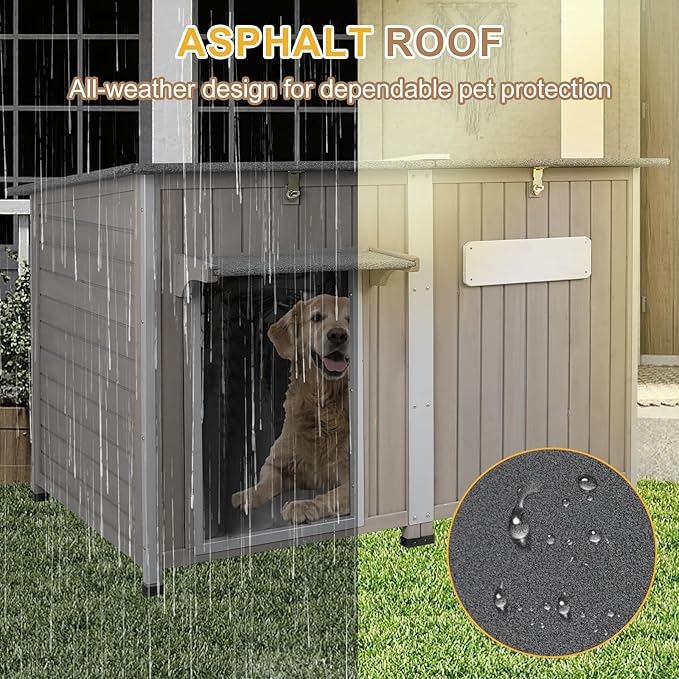 Weatherproof Outdoor Dog House, Wooden Puppy Shelter with Anti-Chewing Iron Frame and Elevated Floor, Sturdy Dog Kennel for Small, Medium & Large Dogs, Grey (Gray, 51" L x 29" W x 32" H)