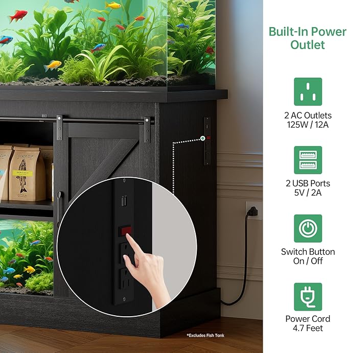 Fish Tank Stand Up to 75 Gallon, Aquarium Stand with Sliding Barn Doors & Power Outlet, Black Farmhouse Style Stand with Cabinet Storage for Fish Tank, Turtle Tank, Reptile Terrarium,1000LBS Capacity