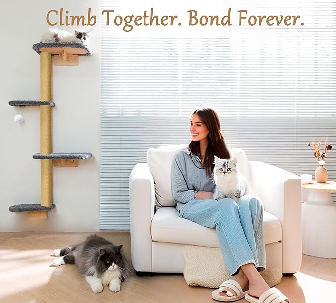 Wall Mounted Cat Wall Shelves and Climbing Tree for Kittens, 4-Tier Adjustable Cat Furniture for Indoor Cats Under 30lbs, with Grey Plush Platforms