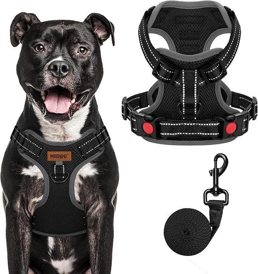 MIDOG No-Pull Dog Harness | Adjustable & Reflective Pet Harness Leash Set for Small Medium Large Dogs Walking, Training| No Choke, Front Clip, Soft Padded Vest with Easy Control Handle - Black, L