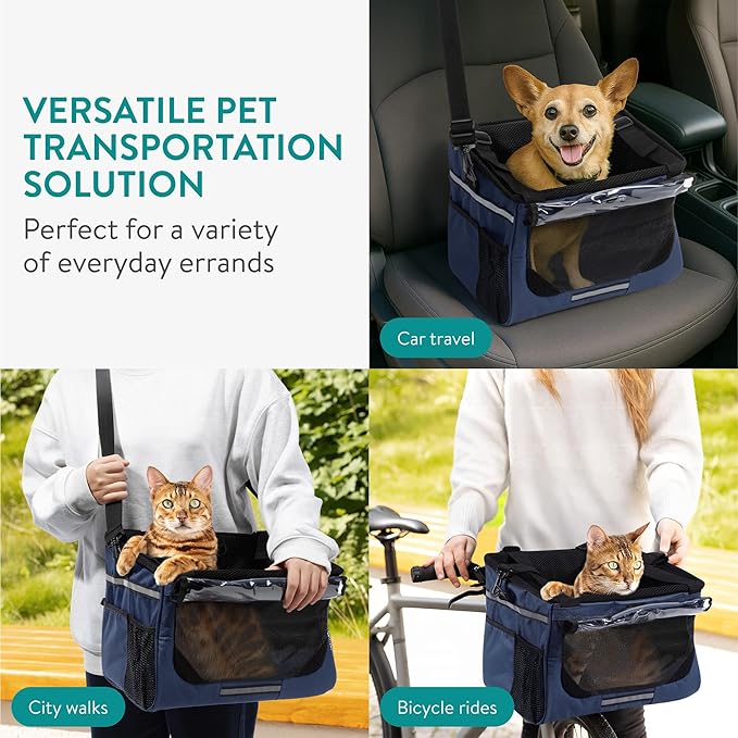 Navaris Pet Carrier for Bikes - Bike Basket Dog Carrier - Ideal Carriers for Small to Medium Dogs Up to 10kg (22lbs) - Drawstring Bag with Secure Locks and Strap - Blue