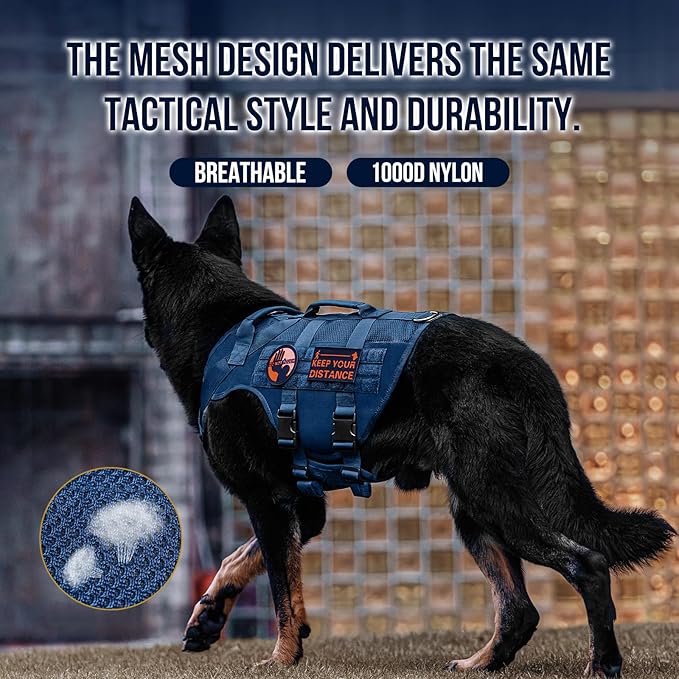 OneTigris Tactical Dog Harness for Small Medium Large Dogs, Mesh Design Service Dog Vest Breathable Military Dogs Molle Vests with Handles, Harness for Walking Hiking Training (Blue, XL)